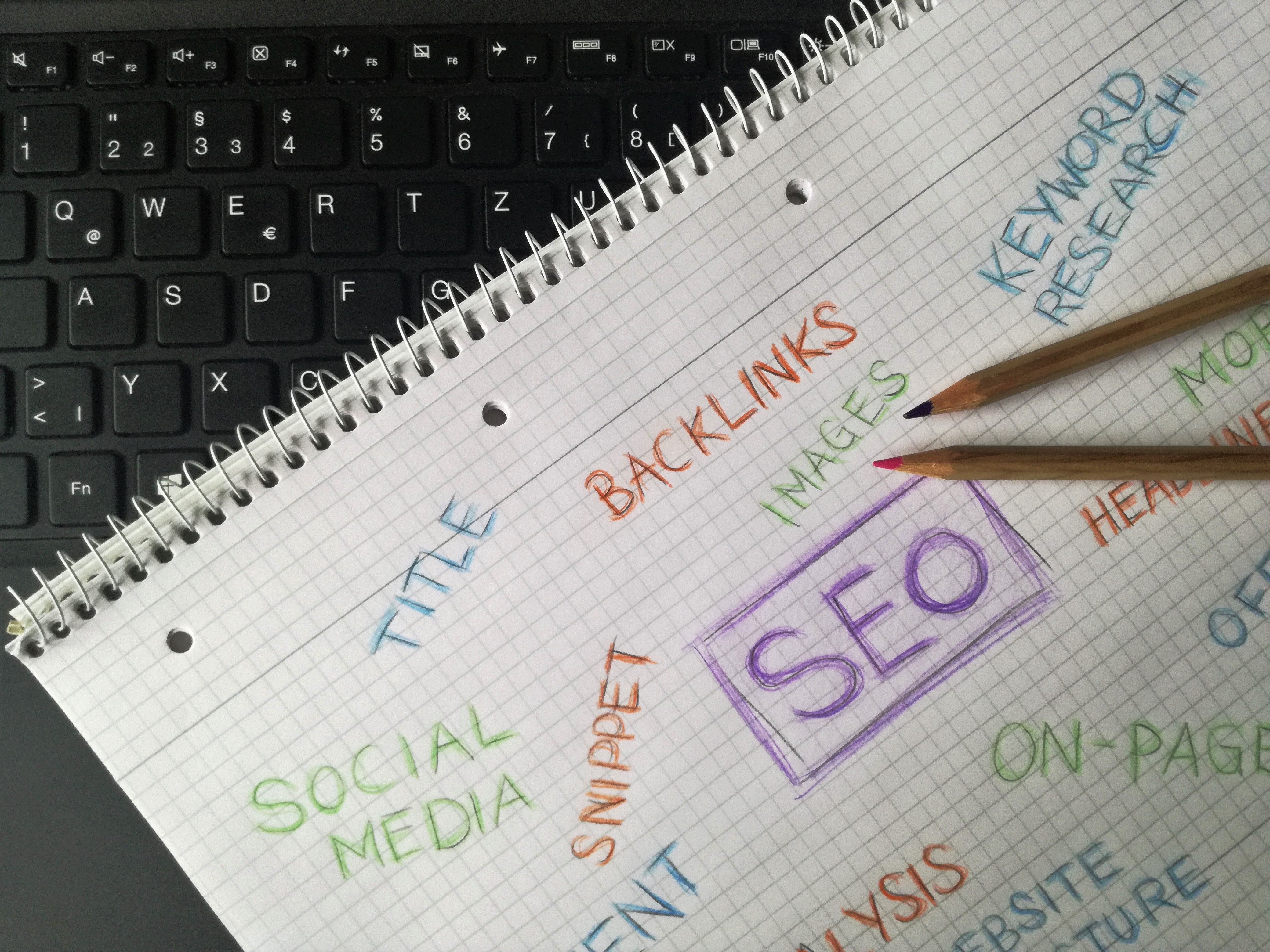 Notebook with SEO keywords and a strategy plan for improving search rankings