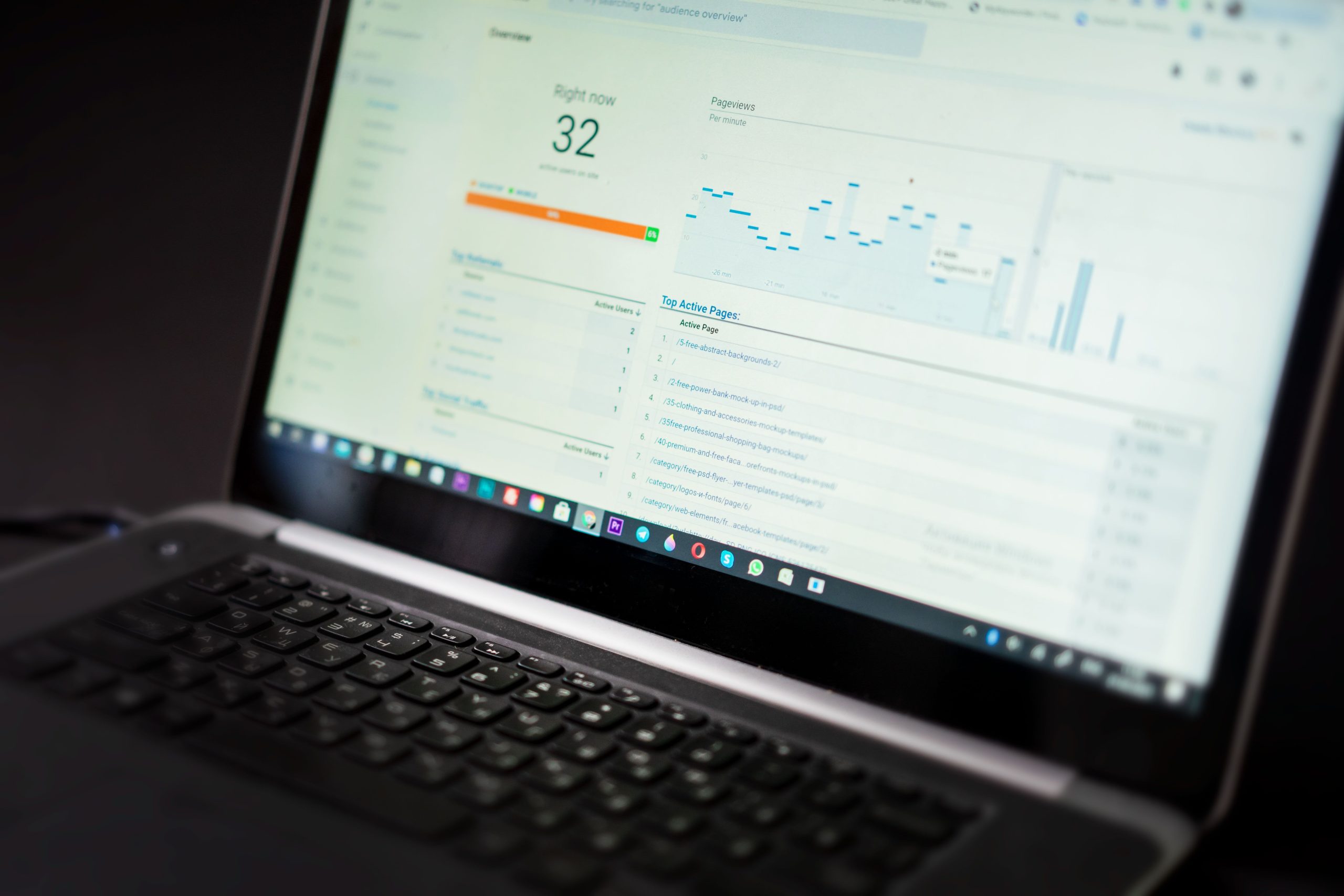 Laptop displaying a website analytics dashboard with traffic and ranking data used to diagnose WordPress SEO problems